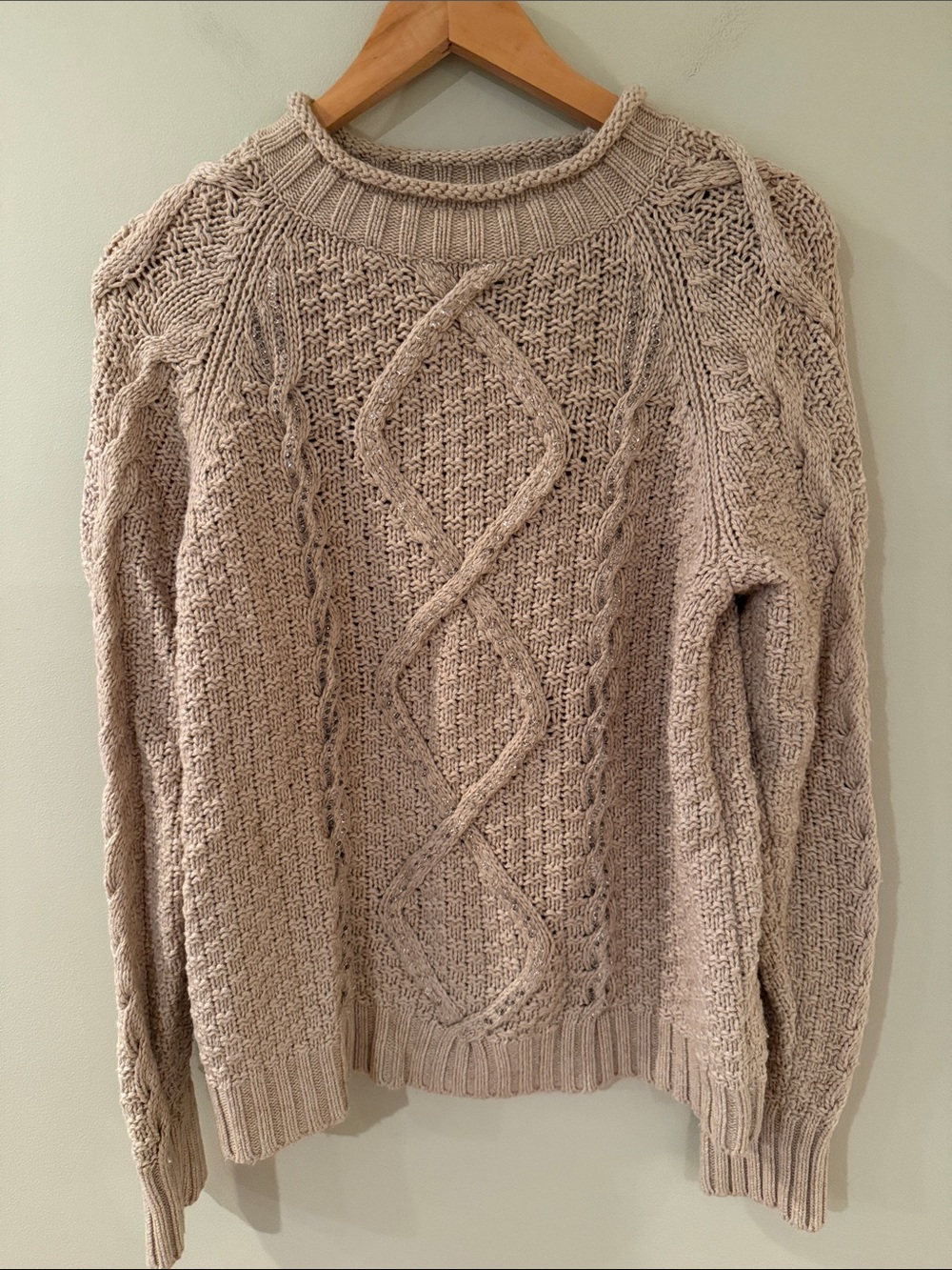 J. Crew Roll Neck Beaded Tan Cable-Knit Sweater